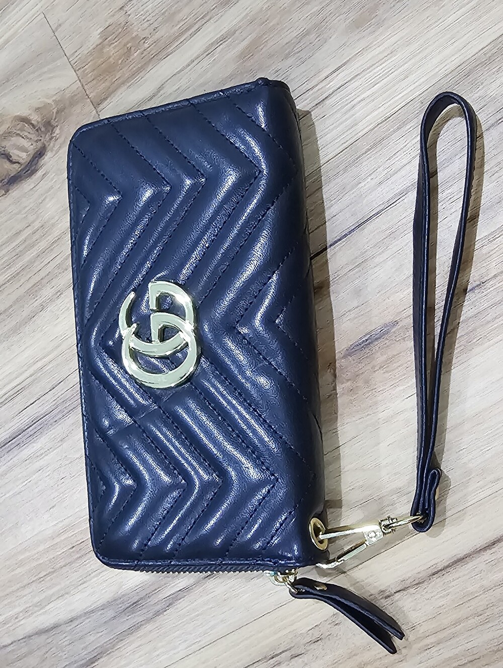 Quilted Wristlet Wallet/ Gold Accent Fashion  Inspired Navy Blue. Zip Around